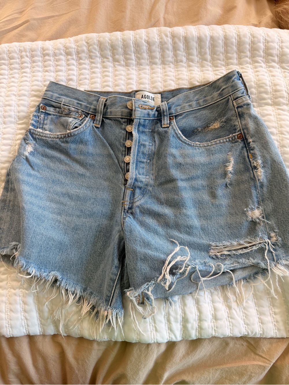 Agolde Light Wash Distressed High-Rise Denim Shorts
